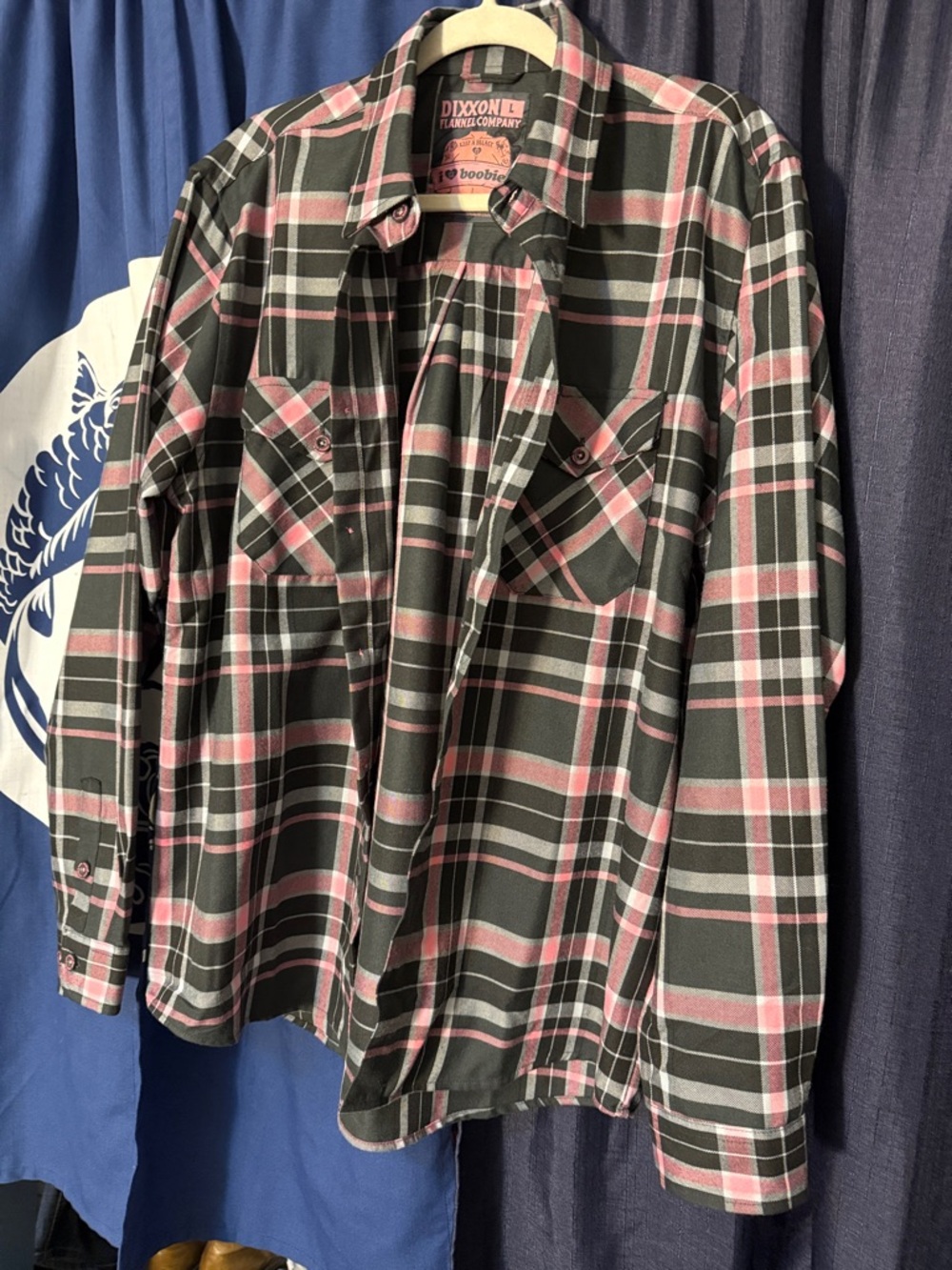 DIXXON I Love Boobies! Black and Pink Plaid Long-Sleeve Button-Down Shirt